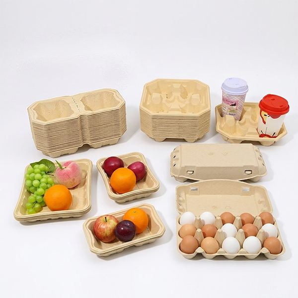 A varied assortment of natural molded pulp packaging made from bamboo stacked cup holders egg boxes filled with eggs and trays with fresh fruit on a white background A varied assortment of natural molded pulp packaging made from bamboo stacked cup holders egg boxes filled with eggs and trays with fresh fruit on a white background