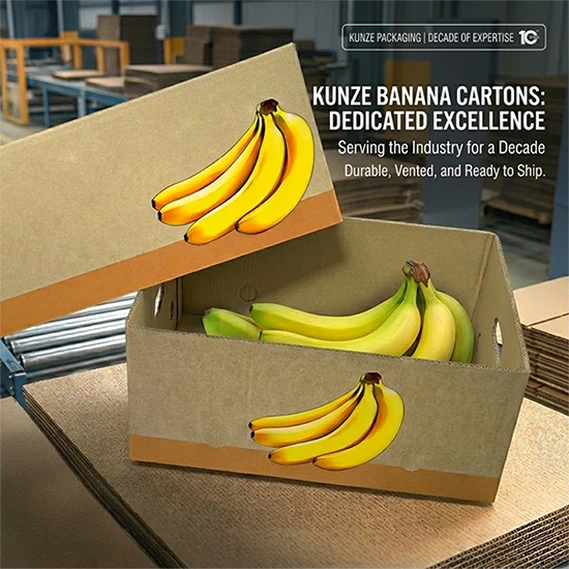 High-capacity production of durable corrugated banana boxes by Kunze Packaging with 10 years industry expertise High-capacity production of durable corrugated banana boxes by Kunze Packaging with 10 years industry expertise