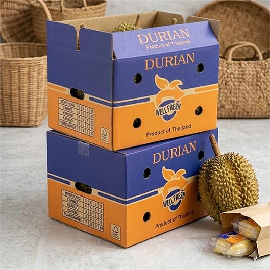 Premium Corrugated Box with WELL FRESH Branding for Product of Thailand Durian Export showing Variety Chart and Fresh Fruit 01 Premium Corrugated Box with WELL FRESH Branding for Product of Thailand Durian Export showing Variety Chart and Fresh Fruit 01