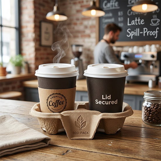 Heavy-duty 2-pack molded pulp hot cup holder for coffee service Heavy-duty 2-pack molded pulp hot cup holder for coffee service