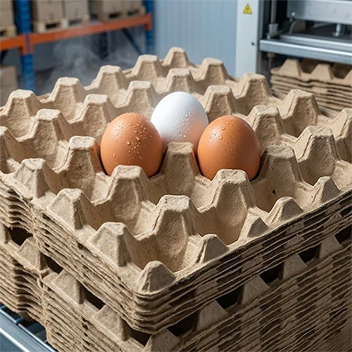 A professional B2B demonstration of perfectly nested commercial 30-cell straw pulp egg flats showing superior stacking stability that reduces bulk shipping and warehousing costs for large-scale egg producers and hatcheries A professional B2B demonstration of perfectly nested commercial 30-cell straw pulp egg flats showing superior stacking stability that reduces bulk shipping and warehousing costs for large-scale egg producers and hatcheries