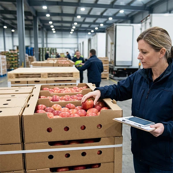 Liaoning Kunze Industrial Group manager inspecting apples in a heavy-duty moisture-resistant cardboard fruit tray within a cold chain warehouse demonstrating sustainable B2B agricultural packaging solution Liaoning Kunze Industrial Group manager inspecting apples in a heavy-duty moisture-resistant cardboard fruit tray within a cold chain warehouse demonstrating sustainable B2B agricultural packaging solution